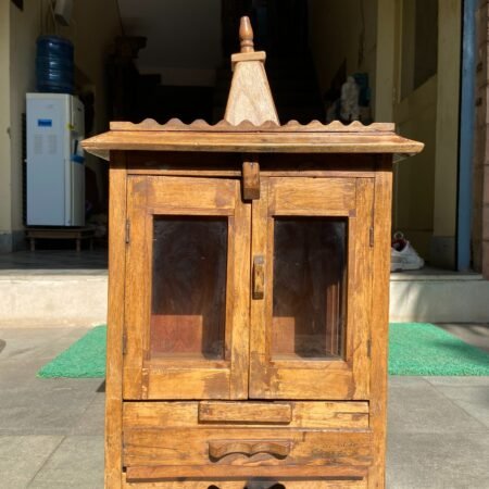 Vintage Wooden Temple with Mirror Door – Handcrafted Pooja Mandir (H26.5 x L16 x W9 Inches)