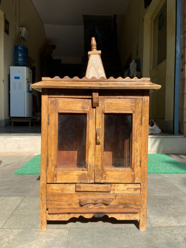 Vintage Wooden Temple with Mirror Door – Handcrafted Pooja Mandir (H26.5 x L16 x W9 Inches)