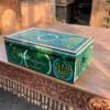 Antique Iron Trunk – Vintage Green Printed Storage Chest with Rustic Charm (H8.5 x L24 x W14 Inches)