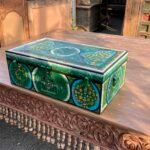 Antique Iron Trunk – Vintage Green Printed Storage Chest with Rustic Charm (H8.5 x L24 x W14 Inches)