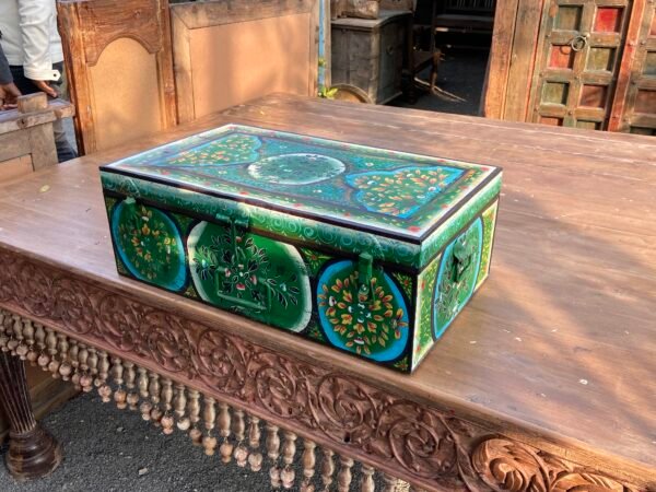 Antique Iron Trunk – Vintage Green Printed Storage Chest with Rustic Charm (H8.5 x L24 x W14 Inches)