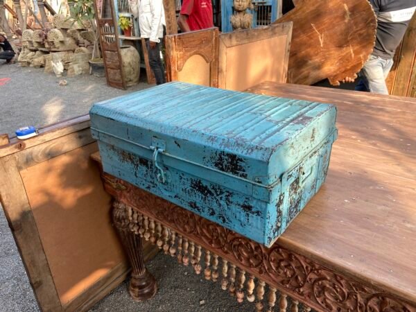 Antique Iron Trunk – Vintage Blue Storage Chest with Rustic Old