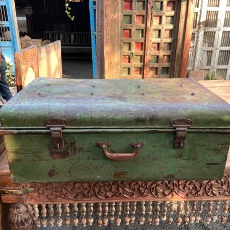 Antique Iron Trunk – Vintage Green Storage Chest