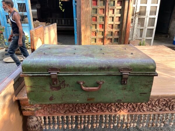 Antique Iron Trunk – Vintage Green Storage Chest