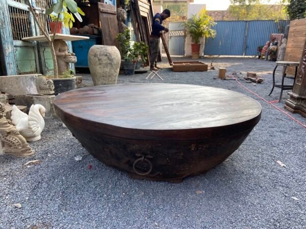 Antique Round Dark Brown Wooden Table – Vintage Handcrafted