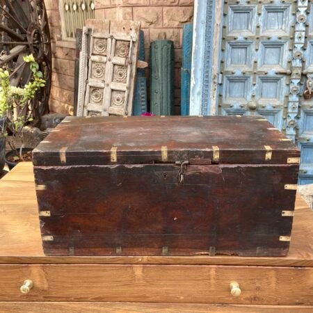 Antique Dark Brown Wooden Box with Brass Accents