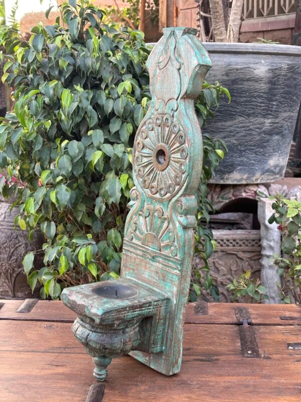 Antique Wooden Candle Holder – Hand-Carved Vintage Wall Sconce (H20.5 x L6 x W6 inches)