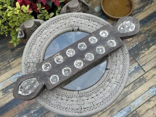 Ancient 1700’s Wooden Carved Mankala Game Plater Lime Painted 31 X 6 X 2.5”