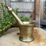 Indian Rare Antique Hand Forged Brass Spice Grinder Mortar with Brass Pestle