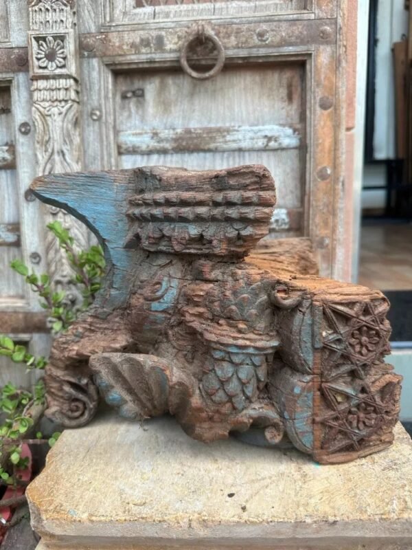 1700s Antique Rare Wooden Floral Painted Figured Bracket Panel