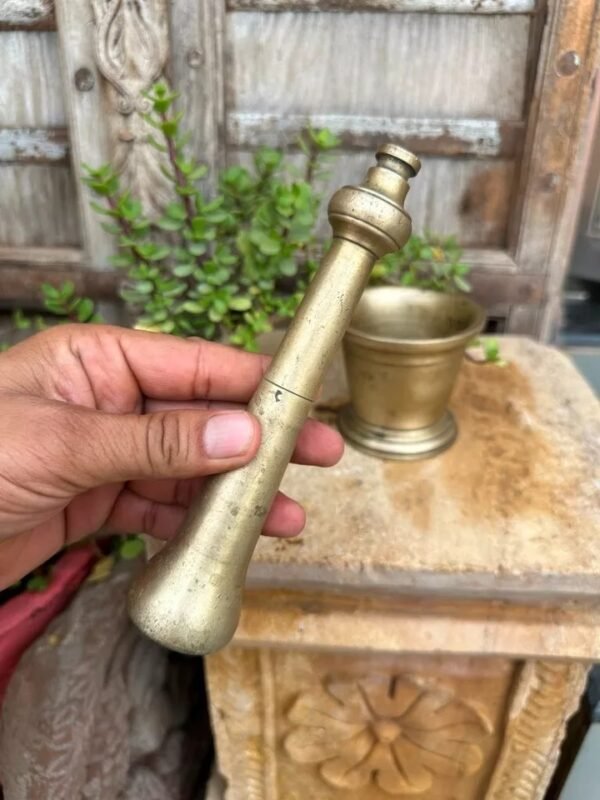 Indian Rare Antique Hand Forged Brass Spice Grinder Mortar with Brass Pestle-4