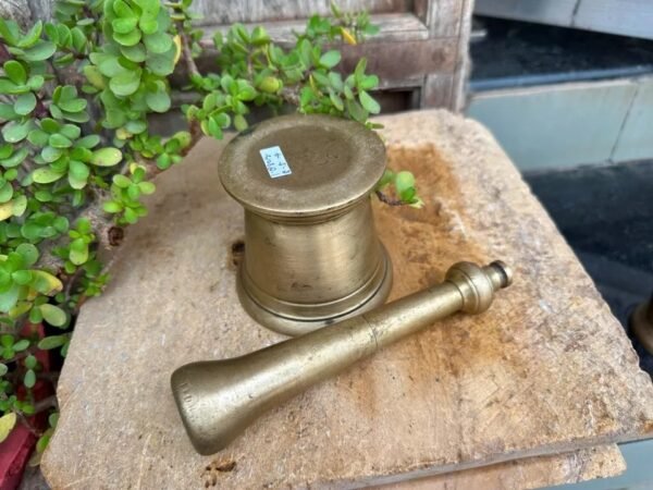 Indian Rare Antique Hand Forged Brass Spice Grinder Mortar with Brass Pestle-1