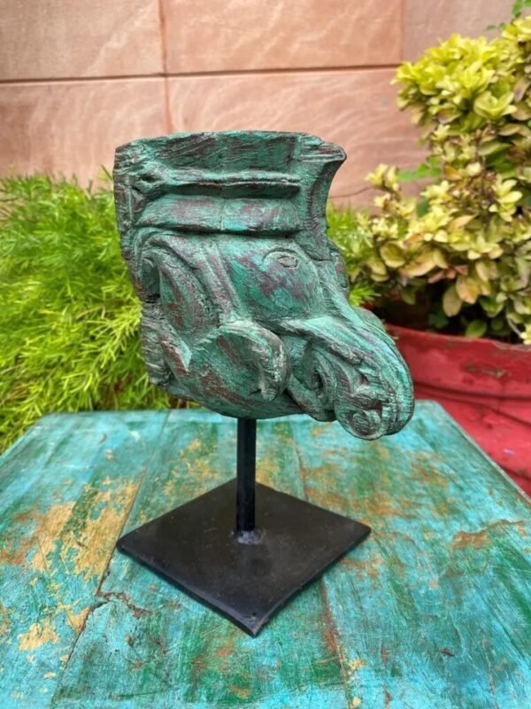 Antique Old Wooden Hand-Carved Elephant Mouth Shape Green Bracket7