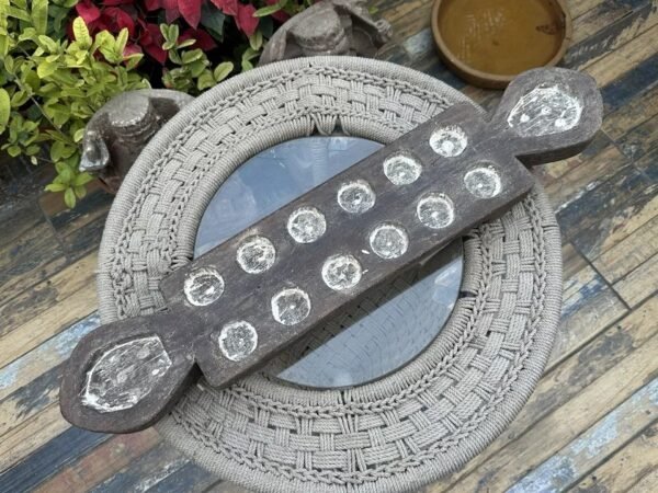 Ancient 1700’s Wooden Carved Mankala Game Plater Lime Painted 31 X 6 X 2.5” 5