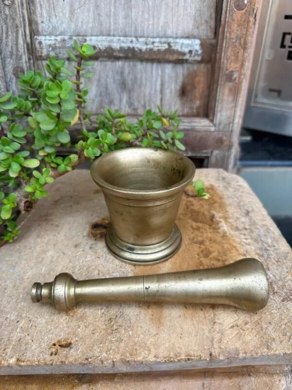 Indian Rare Antique Hand Forged Brass Spice Grinder Mortar with Brass Pestle-6