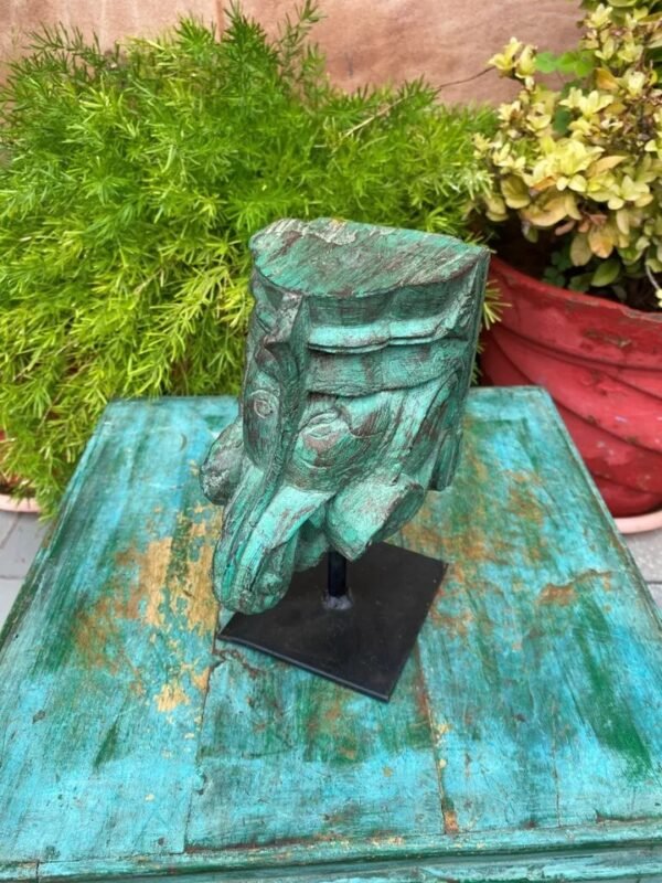 Antique Old Wooden Hand-Carved Elephant Mouth Shape Green Bracket2