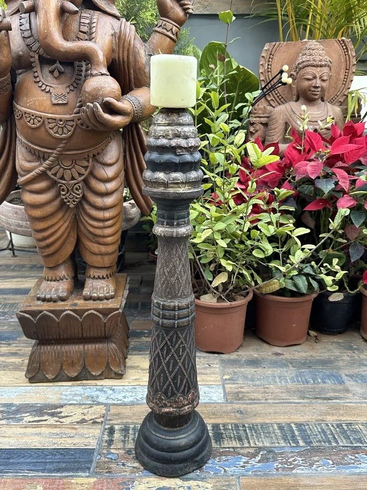 Ancient Brass & Copper Wooden Handcrafted Pillar Candle Holder