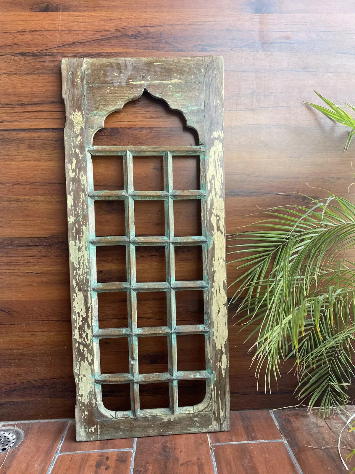 Antique Hand-Carved Wooden Window Panel – Vintage Arch Design Wall Hanging Decor