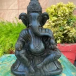 Antique Black Stone Hand-Carved Lord Ganesha Idol – Rare Hindu God Sculpture (11 x 8 Inches)