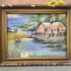 Vintage Riverside Landscape Scenery Nature Art Painting