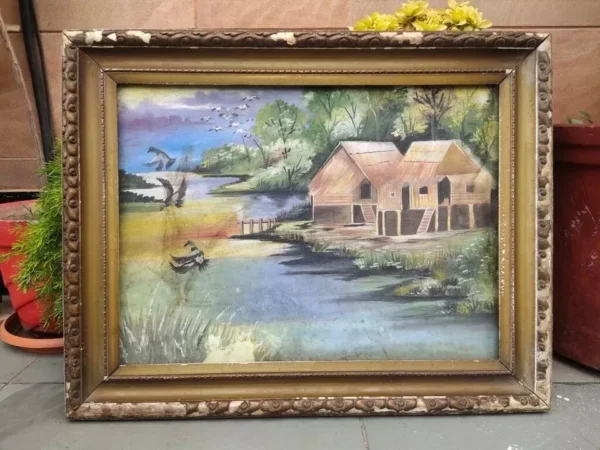 Vintage Riverside Landscape Scenery Nature Art Painting