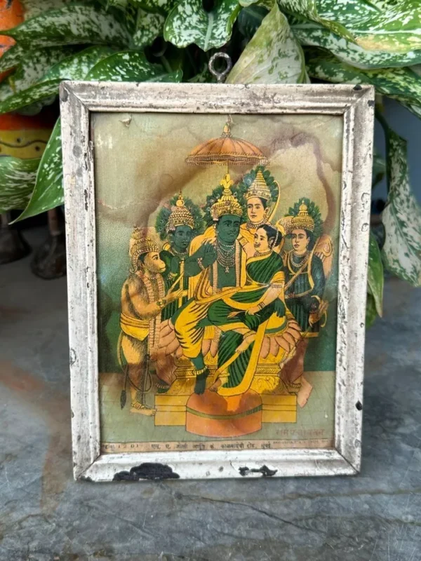 Antique Hindu God Rama Sita Family Print | Rare Ravi Varma Framed Art – 8 x 6 x 1 Inch