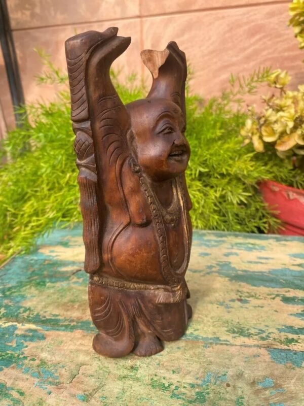 Antique Old Wooden Hand Carved Gold Painted Laughing Buddha 5