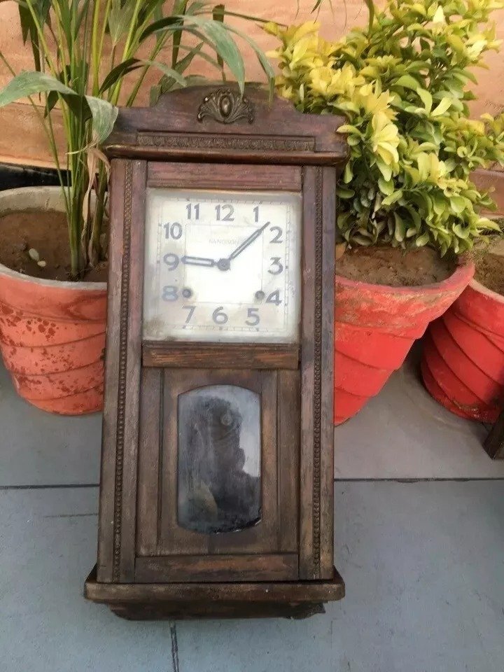Antique Old Wooden Hand Carved Wall Hanging Alarm Clock Case Box