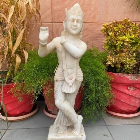 Antique Marble Krishna Sculpture – Hand-Carved Hindu God Statue