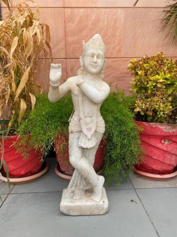 Antique Marble Krishna Sculpture – Hand-Carved Hindu God Statue
