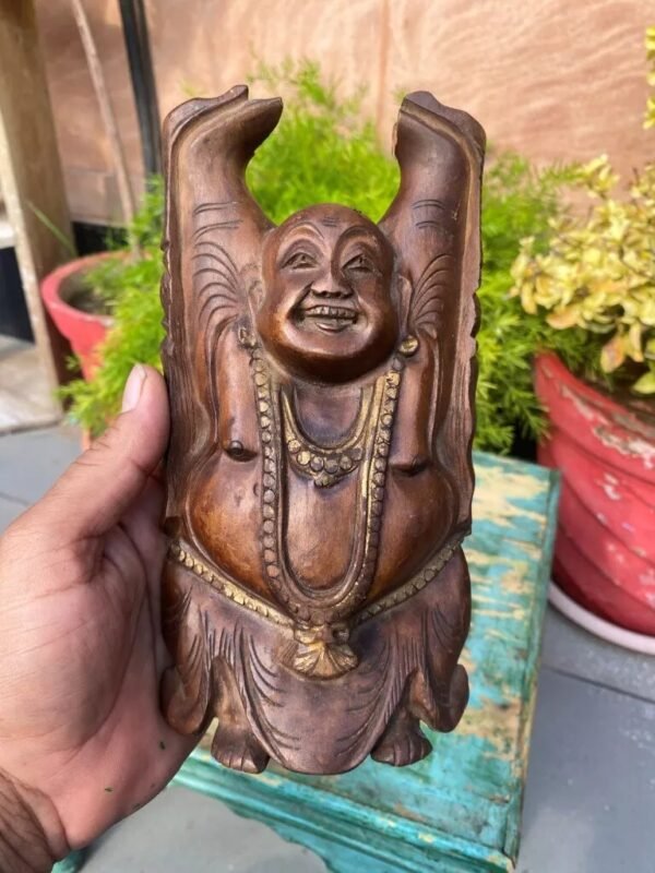 Antique Old Wooden Hand Carved Gold Painted Laughing Buddha 2