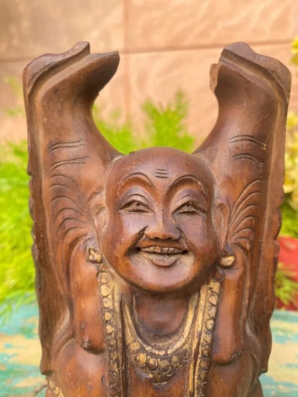 Antique Old Wooden Hand Carved Gold Painted Laughing Buddha 6