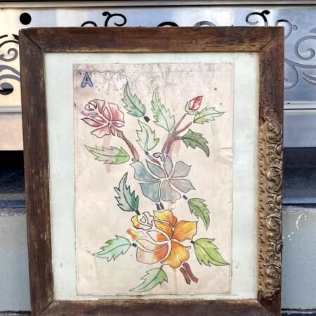 Antique Old Watercolor Painting of Flower & Leaves