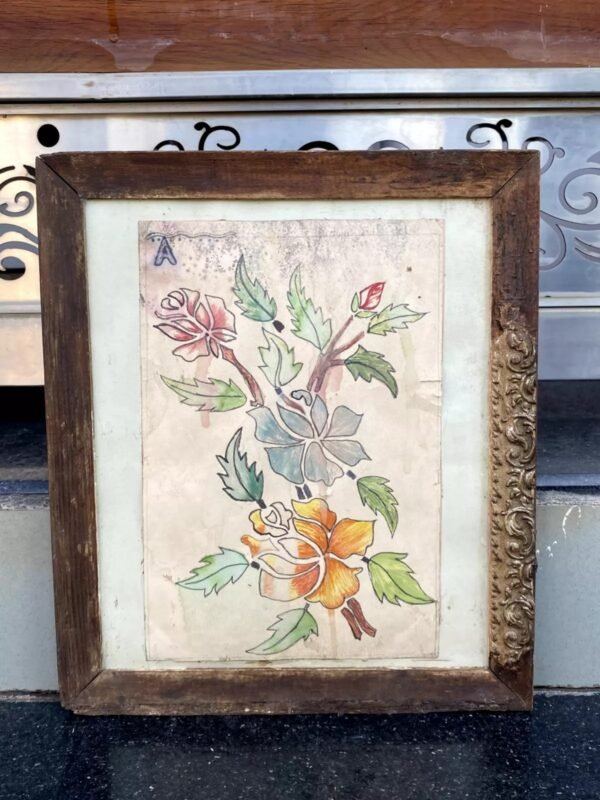 Antique Old Watercolor Painting of Flower & Leaves