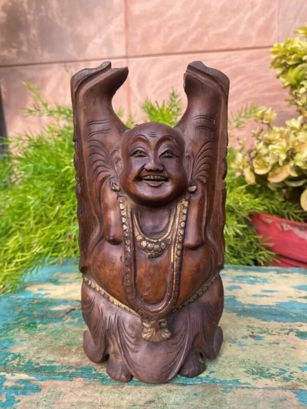 Antique Old Wooden Hand Carved Gold Painted Laughing Buddha