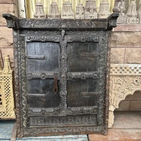 Antique Old Wood Hand Carved Rare Rajasthani Window Door With Frame Rich Patina