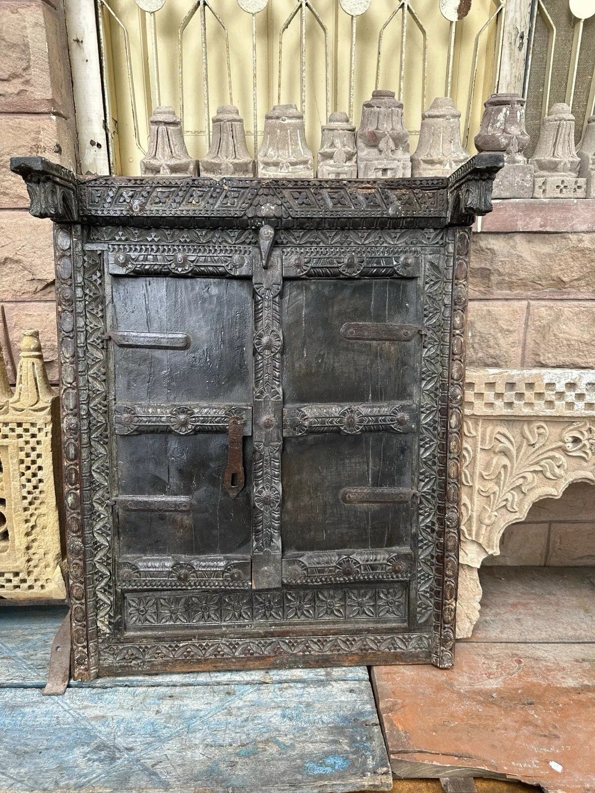 Antique Old Wood Hand Carved Rare Rajasthani Window Door With Frame Rich Patina