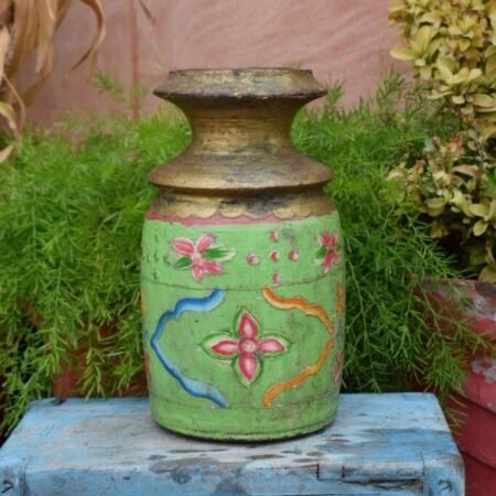 Antique Old Wooden Hand-Carved Floral Green Himachal Pot Big Vase – Painted Vintage Decor