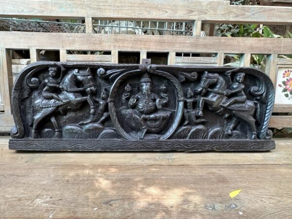 Ancient Old Rare Wooden Hand Carved Ganesha Horse 2 Side Figure 1800 Wall Panel3