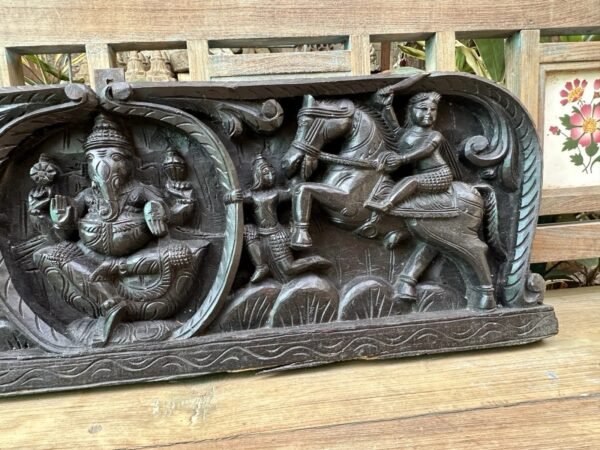 Ancient Old Rare Wooden Hand Carved Ganesha Horse 2 Side Figure 1800 Wall Panel4