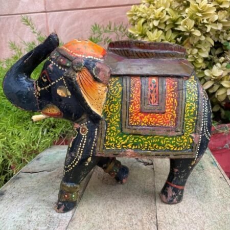 Antique Hand Carved Wooden Painted Elephant Figurine – Rare Vintage Decor