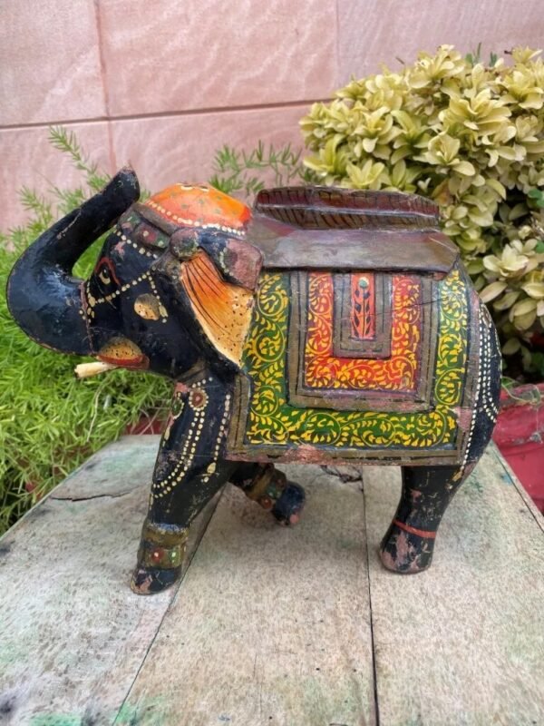 Antique Hand Carved Wooden Painted Elephant Figurine – Rare Vintage Decor