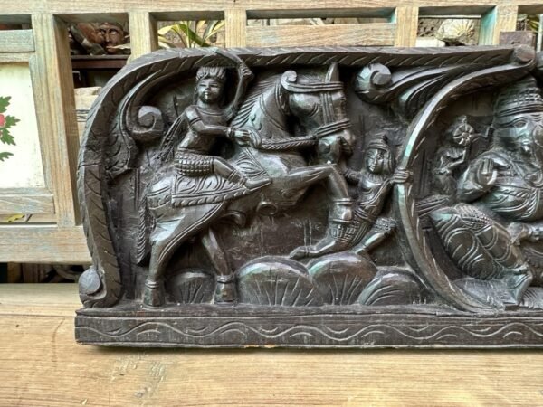 Ancient Old Rare Wooden Hand Carved Ganesha Horse 2 Side Figure 1800 Wall Panel1