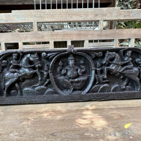 Ancient Old Rare Wooden Hand Carved Ganesha Horse 2 Side Figure 1800 Wall Panel
