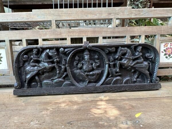Ancient Old Rare Wooden Hand Carved Ganesha Horse 2 Side Figure 1800 Wall Panel