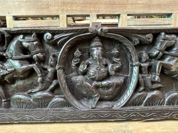 Ancient Old Rare Wooden Hand Carved Ganesha Horse 2 Side Figure 1800 Wall Panel5