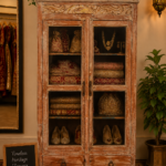 vintage teak wood display cabinet with 2 drawer storage