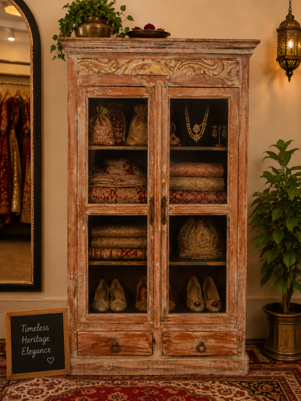 vintage teak wood display cabinet with 2 drawer storage