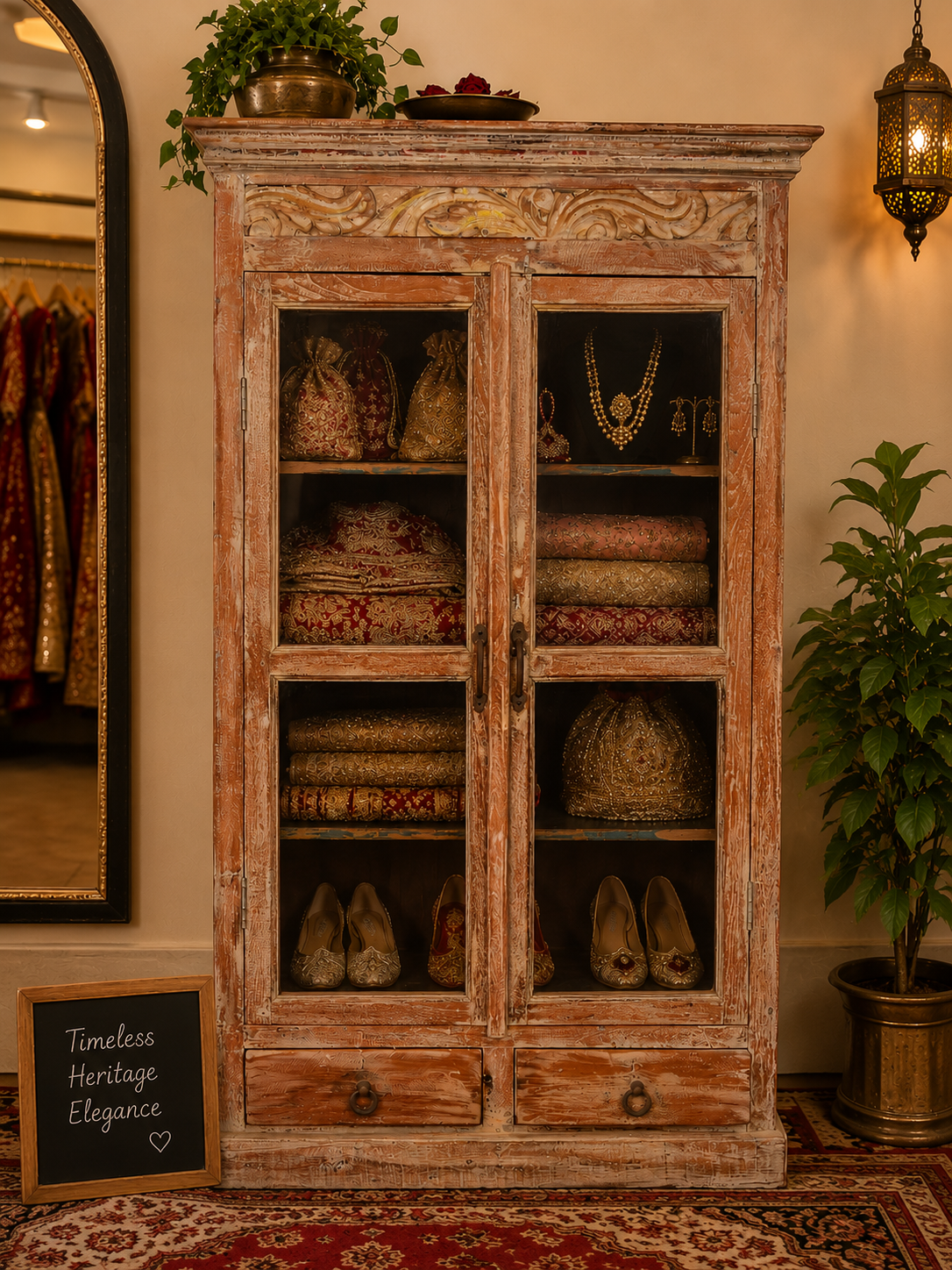 vintage teak wood display cabinet with 2 drawer storage