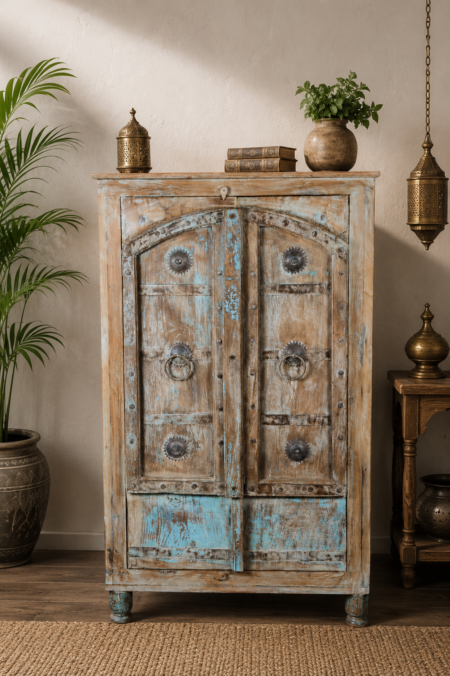 Handcrafted Reclaimed Wood Door Panel Almirah Cabinet